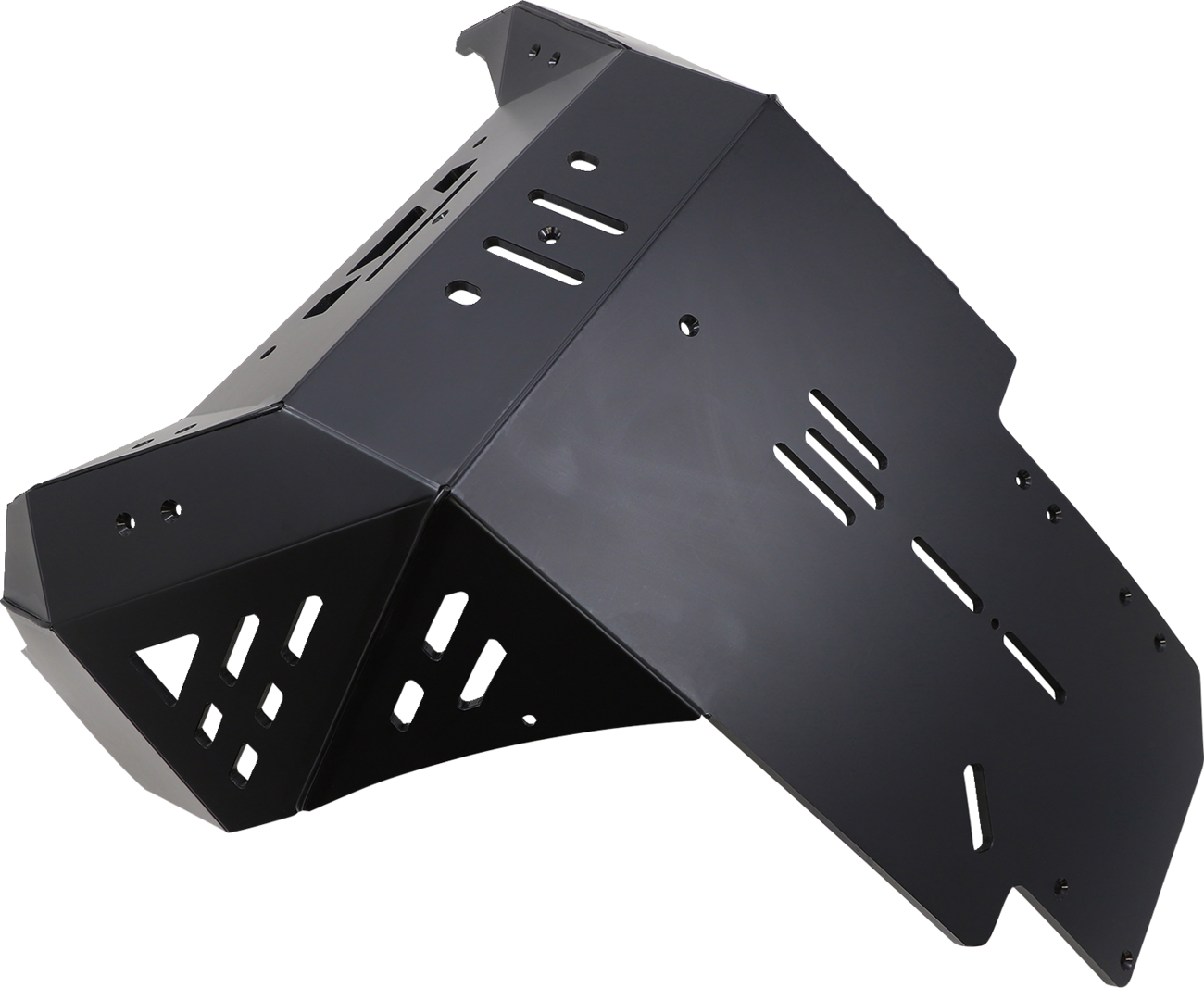 A black, angular metal skid plate with multiple slotted holes and cutouts, designed for vehicle undercarriage protection. The plate has a matte finish and sharp, geometric contours, with mounting points visible on the flat and angled surfaces.