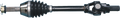 A close-up of a black automotive drive shaft with a ribbed rubber boot, metal joints, and splined ends, shown against a plain white background. The component appears to be clean and in good condition.