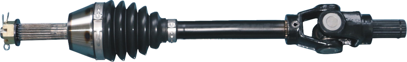 A close-up of a black automotive drive shaft with a ribbed rubber boot, metal joints, and splined ends, shown against a plain white background. The component appears to be clean and in good condition.