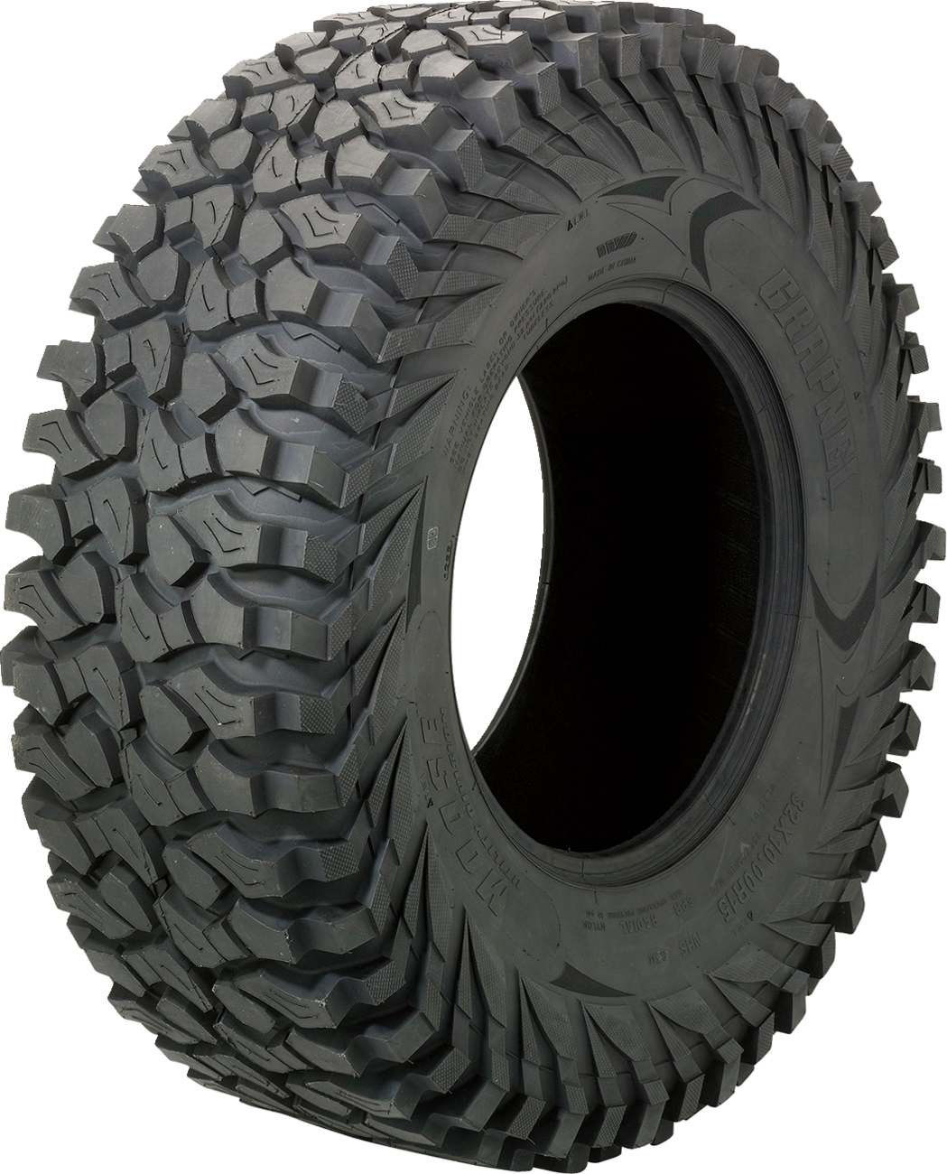 A large, rugged off-road tire stands upright against a white background. The tire has deep, aggressive treads and chunky sidewalls designed for enhanced grip on rough terrain. Faint embossed branding and tire specifications are visible on the side.