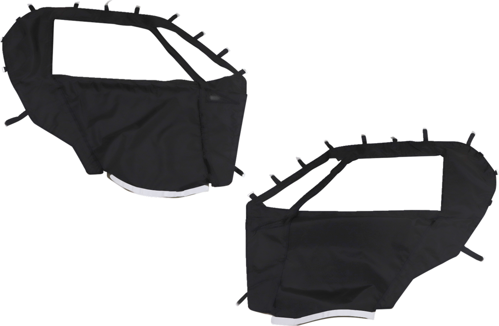 Two black fabric covers shaped like car windows are shown on a plain white background. Each cover features several loops or tabs along the edges, likely for attachment, and has a cut-out area matching the shape of a car window.