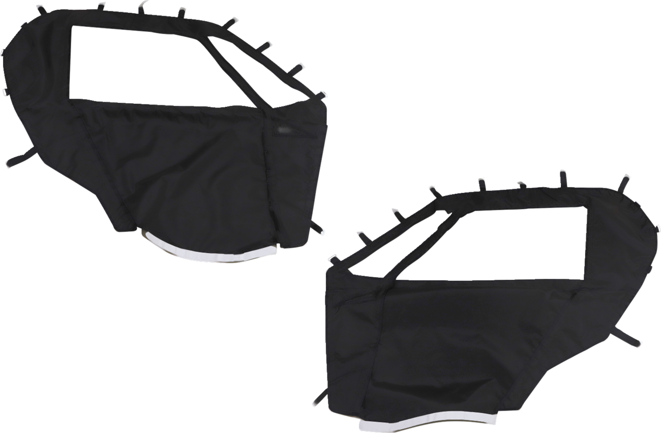Two black fabric covers shaped like car windows are shown on a plain white background. Each cover features several loops or tabs along the edges, likely for attachment, and has a cut-out area matching the shape of a car window.