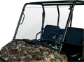 A utility vehicle with a camouflage-patterned hood, a clear windshield, black metal frame, and a simple black steering wheel visible inside. The background is plain white, making the vehicle’s details the main visual focus.