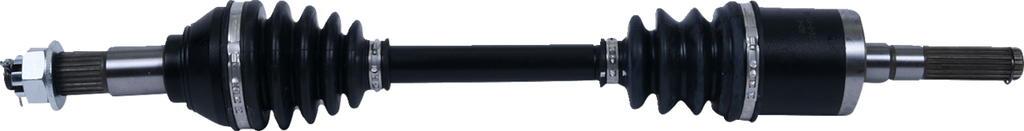 A close-up of a car’s CV axle shaft, featuring black rubber boots on both ends, metal joints, and splined ends for fitting. The shaft connects the two ends, which are used for transferring power to the wheels. The background is plain white.