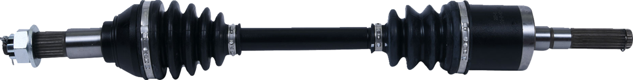 A close-up of a car’s CV axle shaft, featuring black rubber boots on both ends, metal joints, and splined ends for fitting. The shaft connects the two ends, which are used for transferring power to the wheels. The background is plain white.
