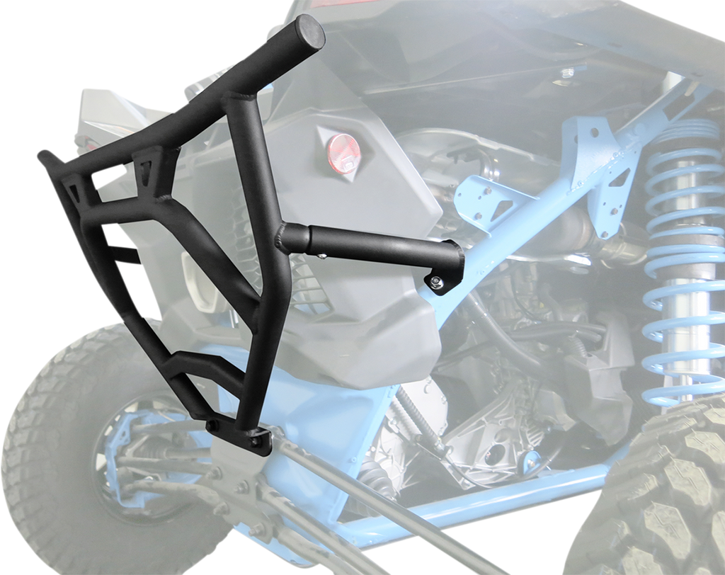 A matte black metal bumper with angular bars and a mounting arm is displayed in front of the rear suspension and wheel of an off-road vehicle with blue chassis components. The background vehicle is partially faded to highlight the bumper.