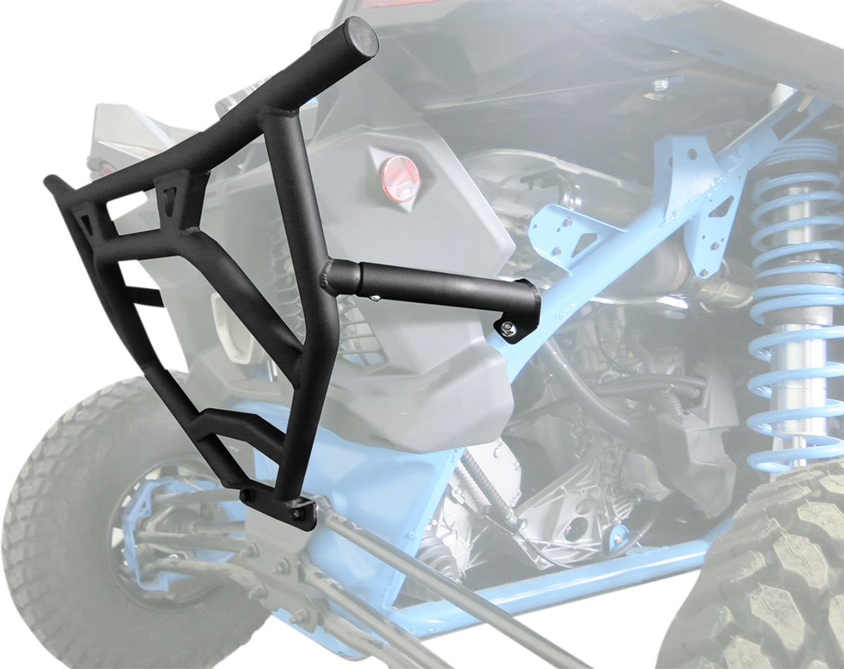 A matte black metal bumper with angular bars and a mounting arm is displayed in front of the rear suspension and wheel of an off-road vehicle with blue chassis components. The background vehicle is partially faded to highlight the bumper.