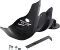 A carbon fiber motorcycle skid plate with vents and an E LINE sticker is shown. The kit includes mounting hardware: two bolts, washers, a nut, and a metal mounting bracket, all arranged on a white background.