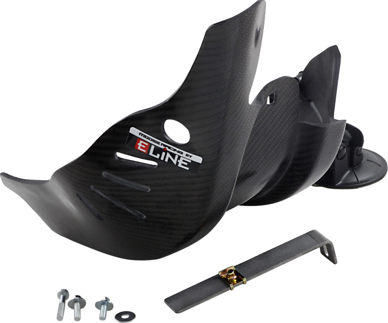 A carbon fiber motorcycle skid plate with vents and an E LINE sticker is shown. The kit includes mounting hardware: two bolts, washers, a nut, and a metal mounting bracket, all arranged on a white background.