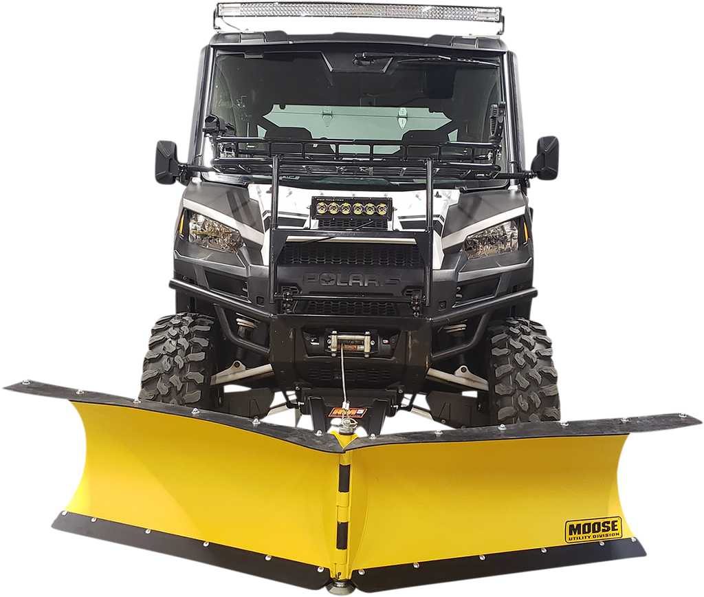 A rugged black Polaris off-road vehicle with large tires is shown from the front, equipped with a wide, bright yellow Moose snow plow attachment. The plow is V-shaped and installed at the vehicles front bumper. The image displays clear vehicle details.