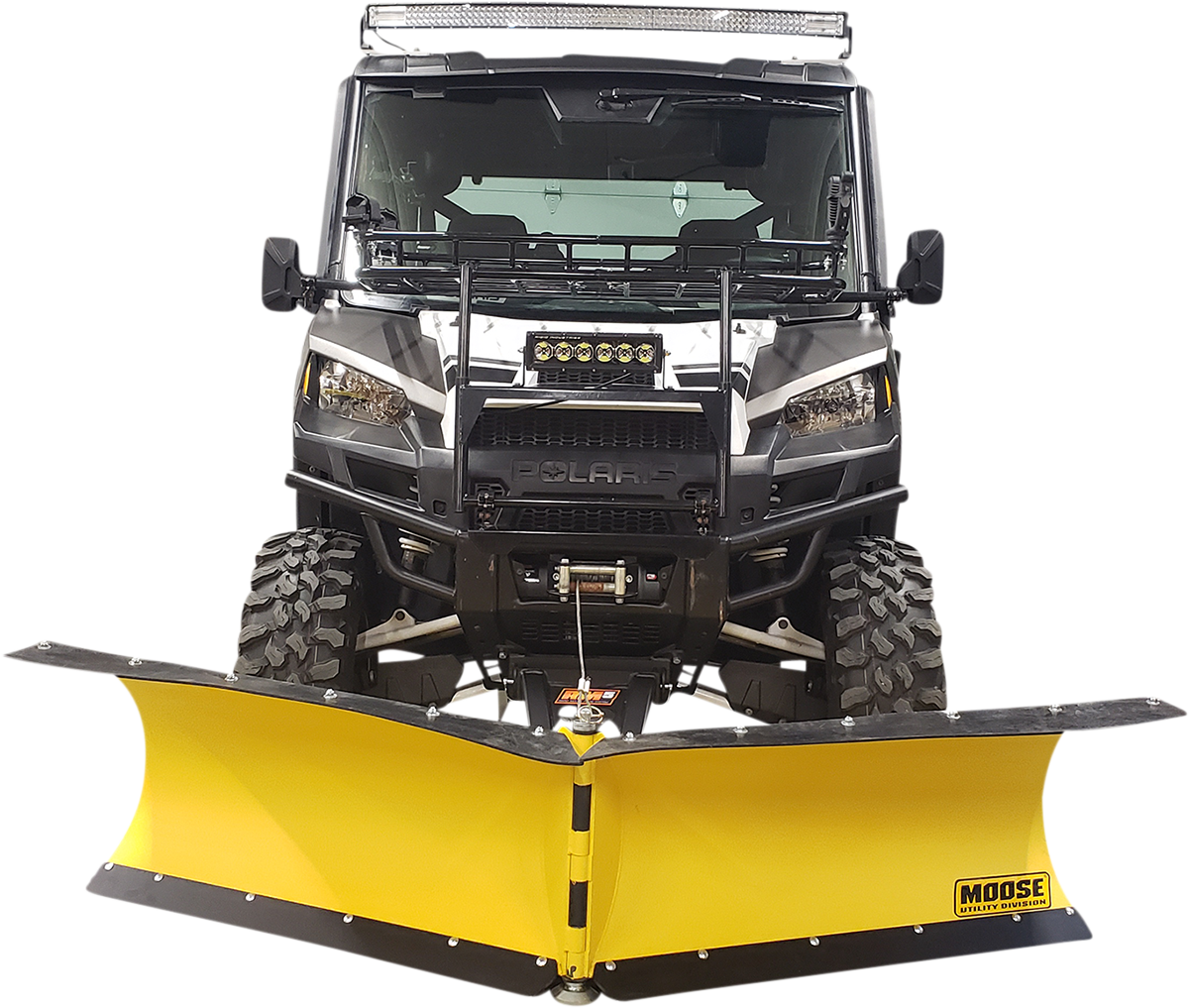 A rugged black Polaris off-road vehicle with large tires is shown from the front, equipped with a wide, bright yellow Moose snow plow attachment. The plow is V-shaped and installed at the vehicles front bumper. The image displays clear vehicle details.