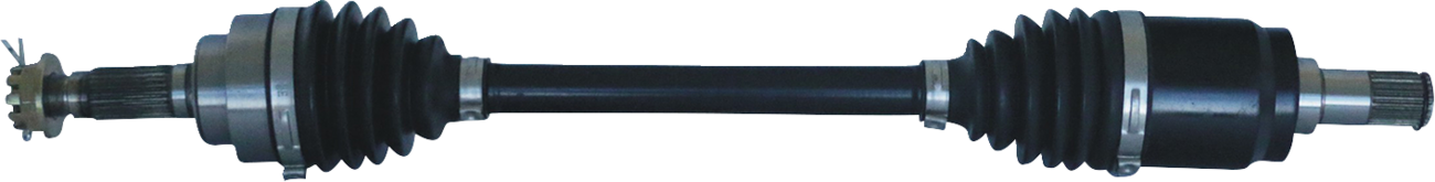 A car CV axle shaft with rubber boots on both ends, metal clamps securing the boots, and splined ends for connecting to the drivetrain; used for transferring power from the transmission to the wheels.