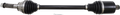 A black automotive axle shaft with metal ends and accordion-style rubber boots on both sides. The center shaft is cylindrical and smooth. A small metal cotter pin is placed below the axle on a white background.