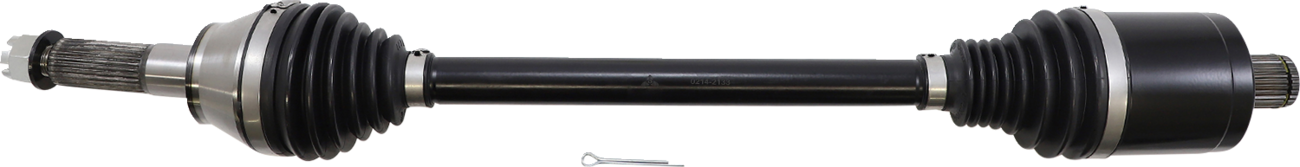 A black automotive axle shaft with metal ends and accordion-style rubber boots on both sides. The center shaft is cylindrical and smooth. A small metal cotter pin is placed below the axle on a white background.