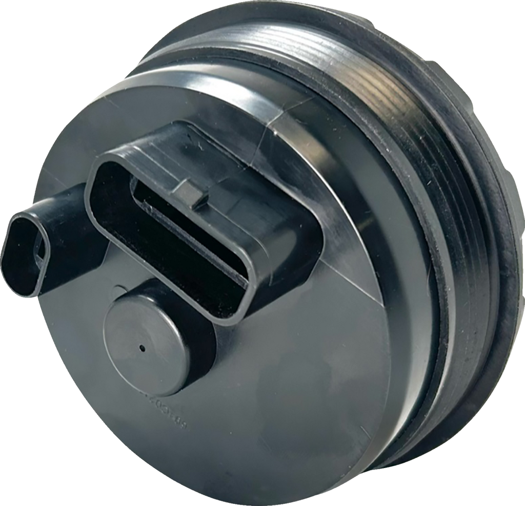 A close-up view of a round, black plastic automotive sensor with a large threaded edge and an electrical connector port featuring two rectangular slots. The surface is smooth and glossy, with minimal visible markings.