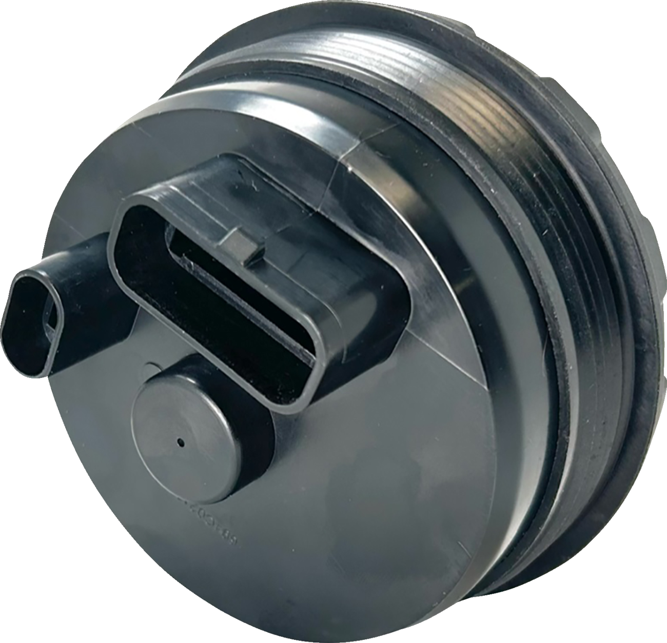 A close-up view of a round, black plastic automotive sensor with a large threaded edge and an electrical connector port featuring two rectangular slots. The surface is smooth and glossy, with minimal visible markings.