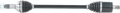 A car drive shaft with black rubber boots on both ends, metal joints, and a central black rod. The ends feature splined tips for connecting to other drivetrain components. The background is plain and light-colored.