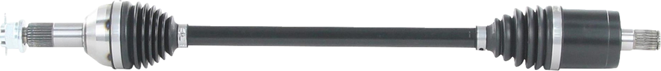A car drive shaft with black rubber boots on both ends, metal joints, and a central black rod. The ends feature splined tips for connecting to other drivetrain components. The background is plain and light-colored.