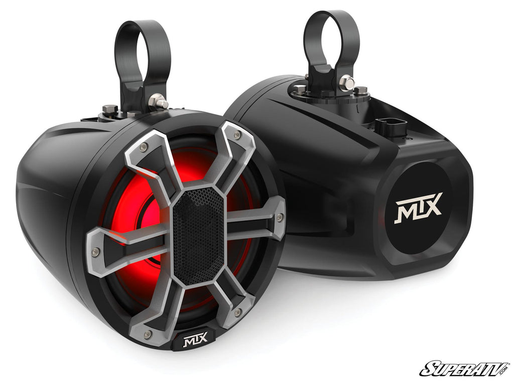 Two black MTX 6.5 and 8 Weather-Resistant UTV Speaker Pods with metal clamps are shown—one displays a red LED-lit grille with a silver X cover, the other shows the MTX logo. SuperATV is visible in the bottom right corner.