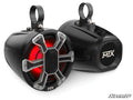 Two black MTX 6.5 and 8 Weather-Resistant UTV Speaker Pods with metal clamps are shown—one displays a red LED-lit grille with a silver X cover, the other shows the MTX logo. SuperATV is visible in the bottom right corner.