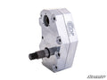 The Kawasaki Teryx 6 Portal Gear Lift features a silver aluminum gearbox with “GDP” and “SuperATV” logos, multiple hex bolts, a cylindrical output shaft on the lower left, and a flat mounting surface with a central hole on the upper right. Plain white bac