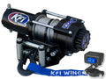 The 2000Lb Winch Kit includes a black winch with coiled steel cable, hook, blue KFI strap, IN/OUT remote control, visible branding, and is mounted on a metal bracket with guide rollers.