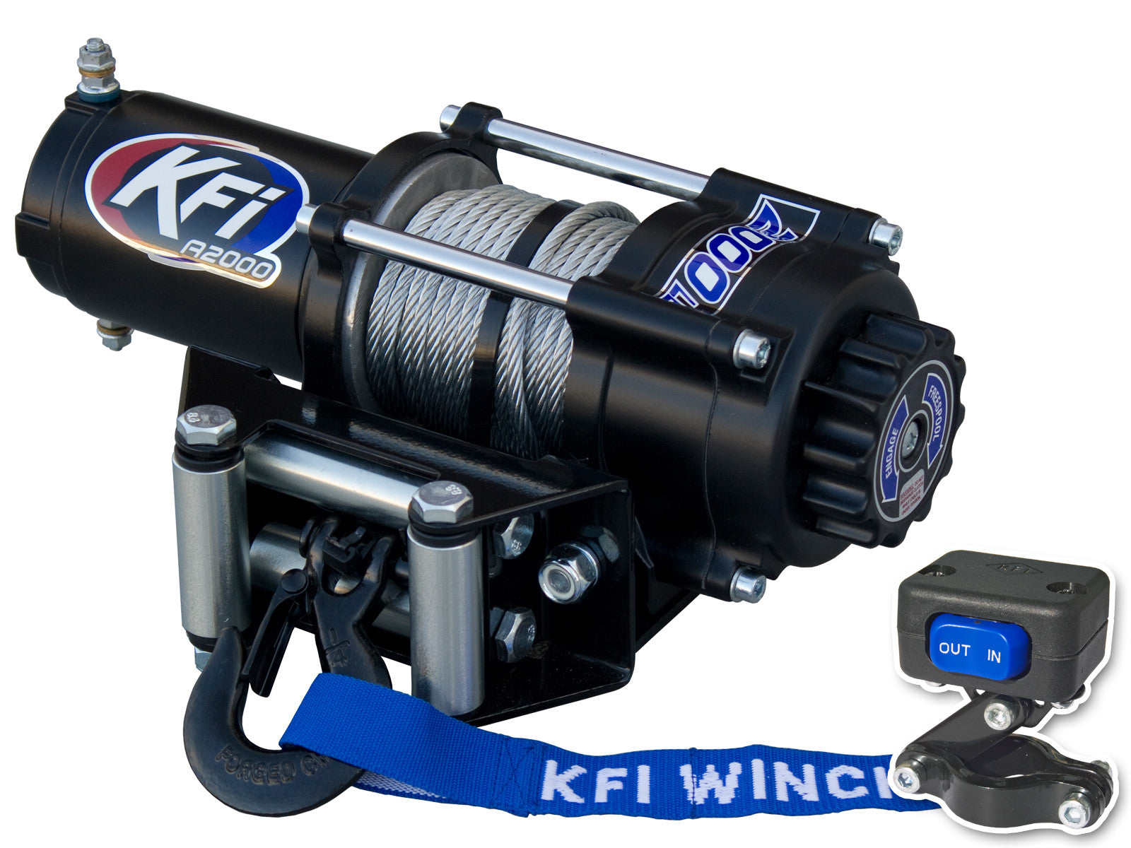The 2000Lb Winch Kit includes a black winch with coiled steel cable, hook, blue KFI strap, IN/OUT remote control, visible branding, and is mounted on a metal bracket with guide rollers.