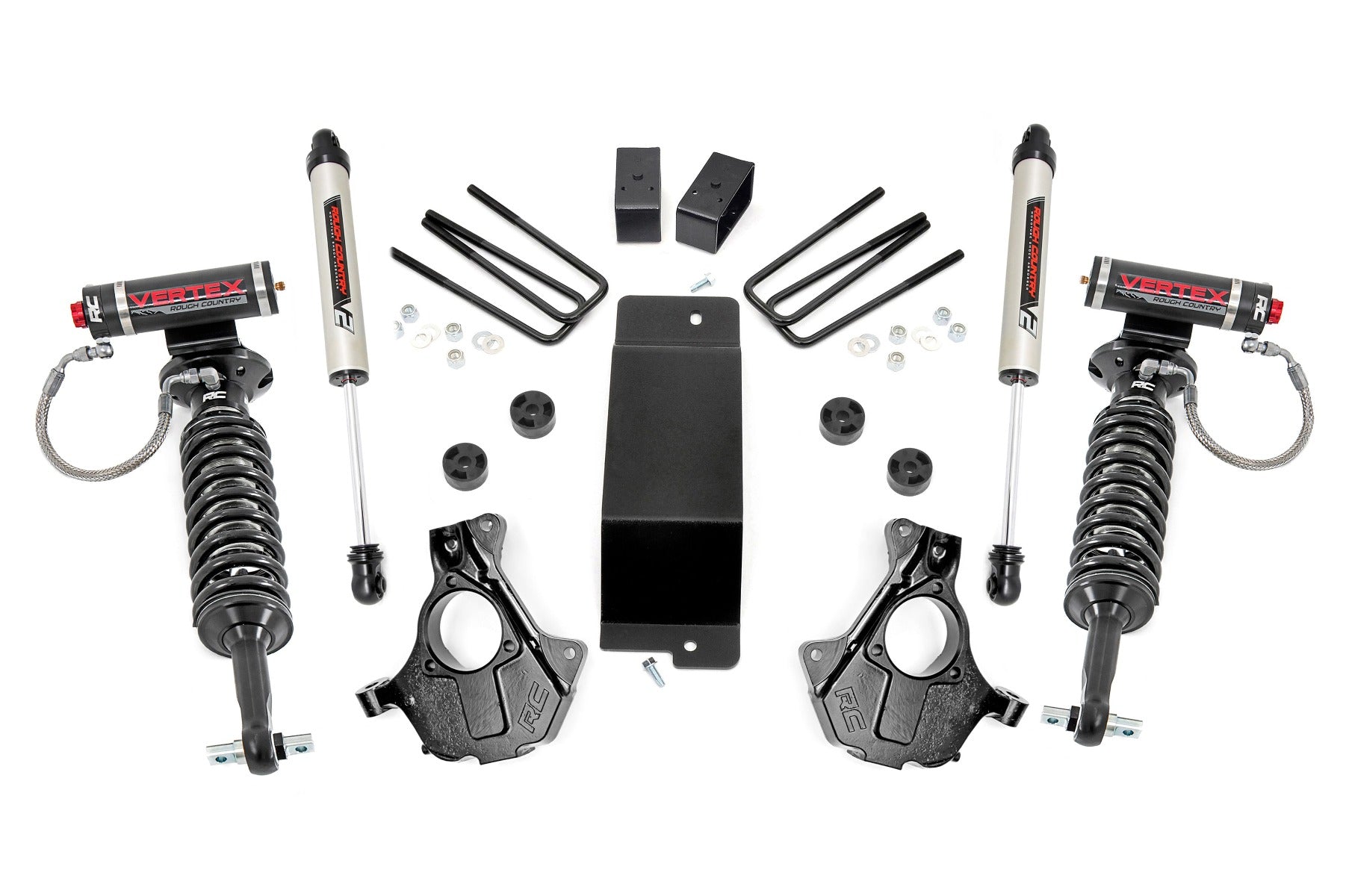 The 3.5 Inch Lift Kit for Chevy/GMC 1500 (14-18) features cast steel LCAs, Vertex/V2 shocks, black brackets, U-bolts, hardware, and black steering knuckles—all cleanly and symmetrically arranged on a white background.