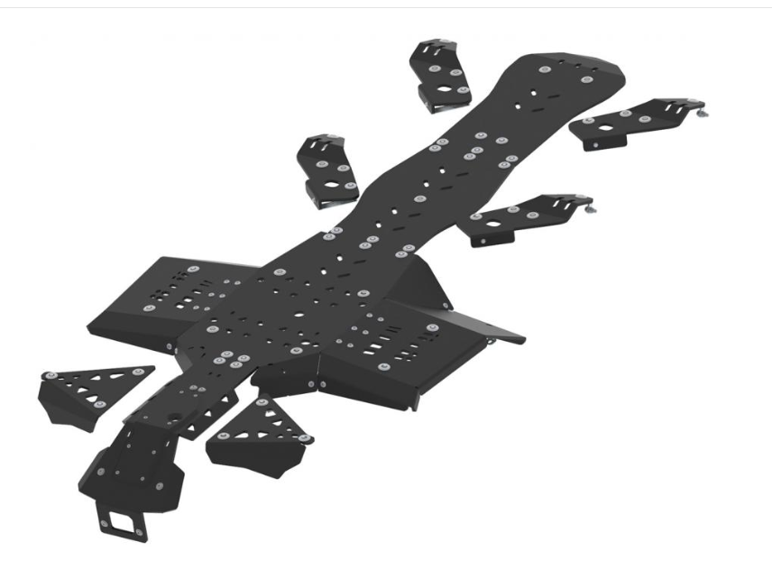 A black plastic skid plate full set for CanAm Outlander 6x6 450 MAX, featuring an elongated frame with multiple mounting holes, angular side plates, brackets, and visible screw fastenings as part of a modular assembly.