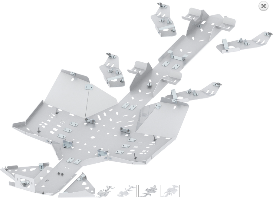 A 3D-rendered light gray Skid plate full set (aluminium) for CanAm Outlander 6x6 450 MAX features multiple angled panels, mounting points, fasteners, and support pieces. Four smaller views are displayed below the main image.