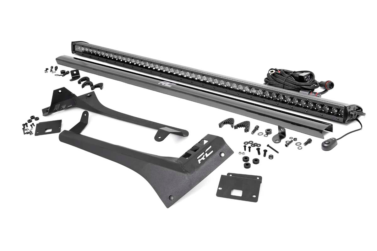 Rough Country Jeep 50-inch Straight LED Light Bar Upper Windshield Kit w/ Single-Row Black Series LED (20-22 Gladiator JT, 18-22 Wrangler JL)