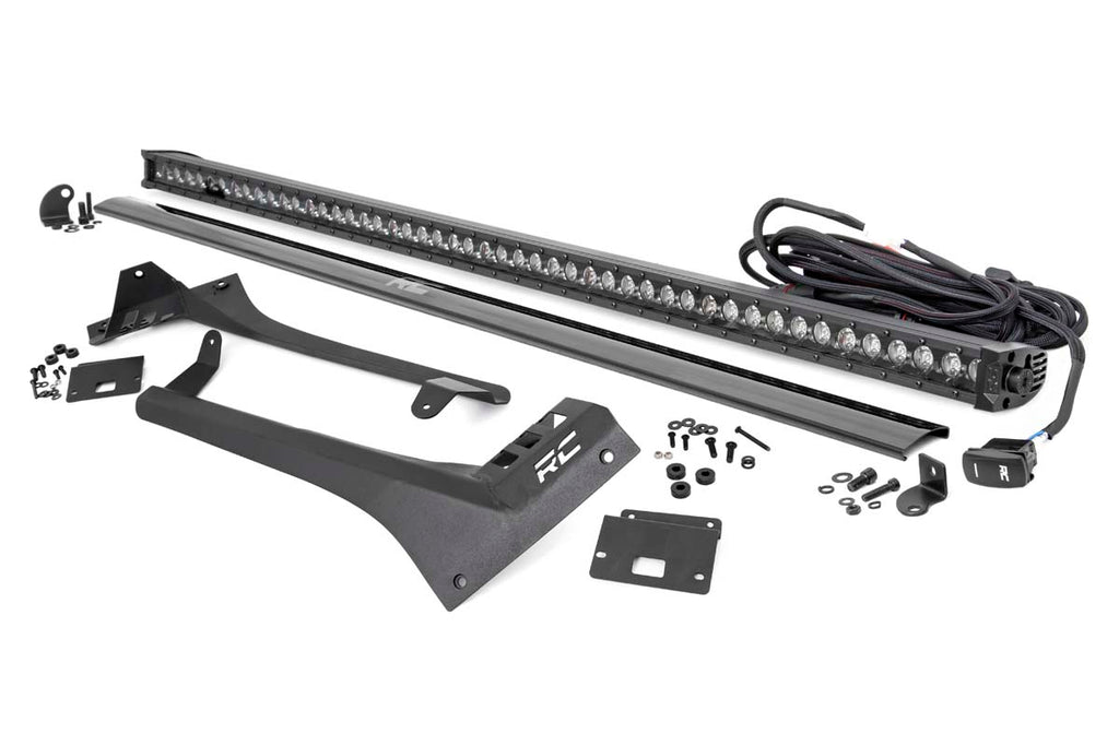 Rough Country Jeep 50-inch Straight LED Light Bar Upper Windshield Kit w/ Single-Row Black Series LED | White DRL (20-22 Gladiator JT, 18-22 Wrangler JL)