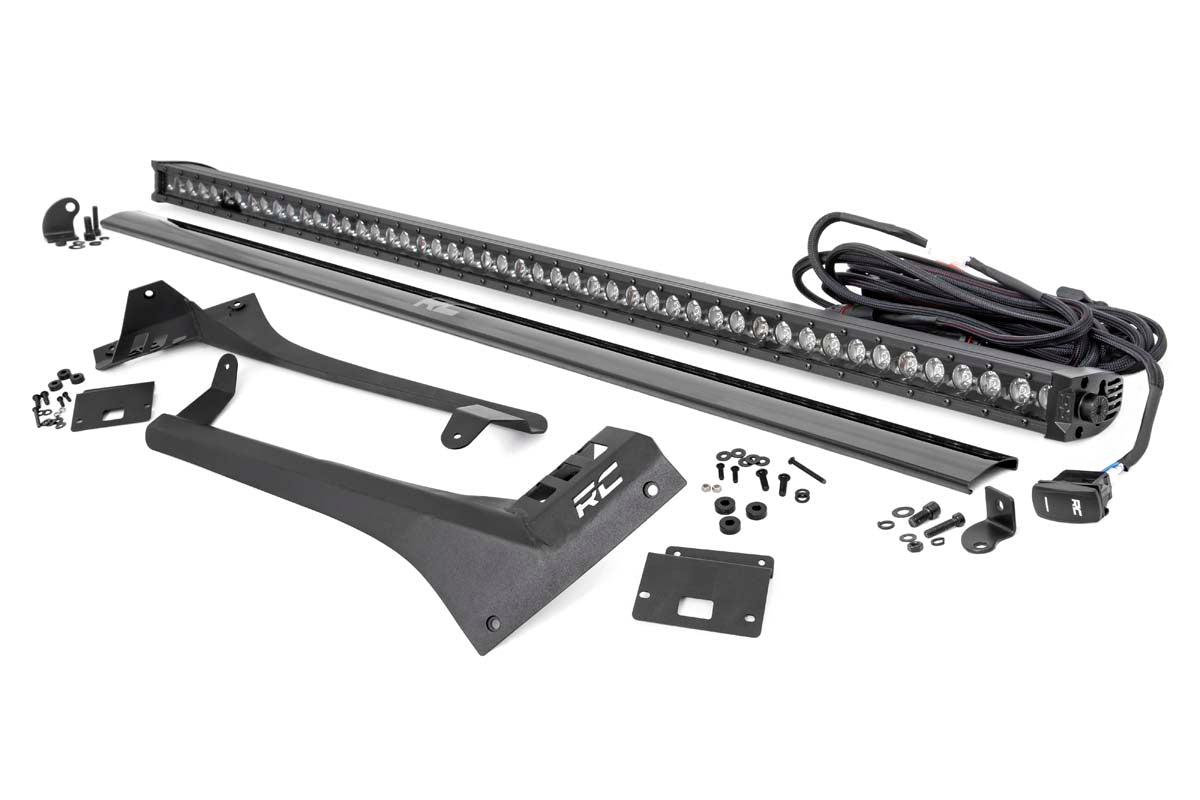 Rough Country Jeep 50-inch Straight LED Light Bar Upper Windshield Kit w/ Single-Row Black Series LED | White DRL (20-22 Gladiator JT, 18-22 Wrangler JL)