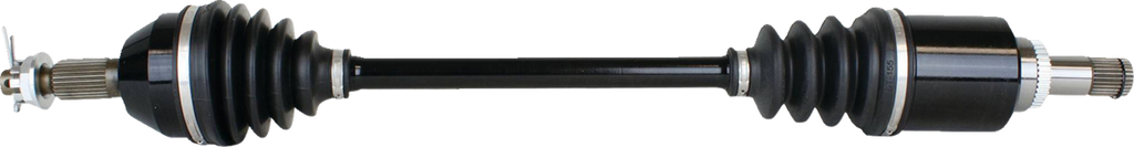 A car axle shaft with black rubber boots and metal ends, featuring accordion-like sections near each end, and metallic splined tips on both sides for connecting to a vehicle’s wheel hub and transmission.