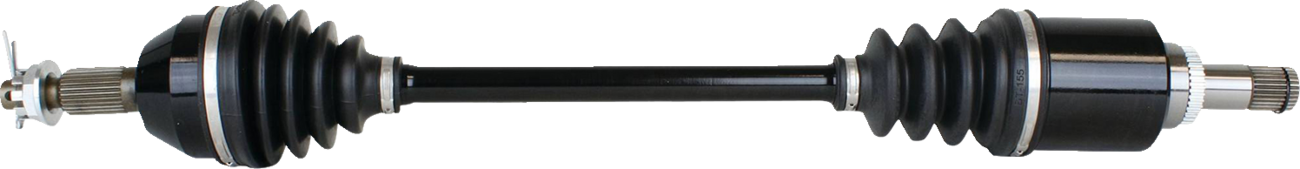 A car axle shaft with black rubber boots and metal ends, featuring accordion-like sections near each end, and metallic splined tips on both sides for connecting to a vehicle’s wheel hub and transmission.
