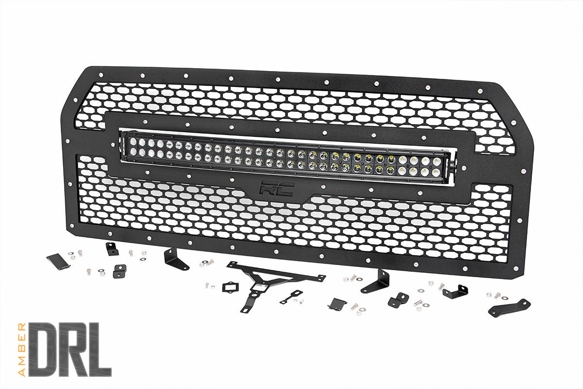 Rough Country Mesh Grille | 30" Dual Row LED | Black | Amber DRL | Ford F-150 (15-17)
