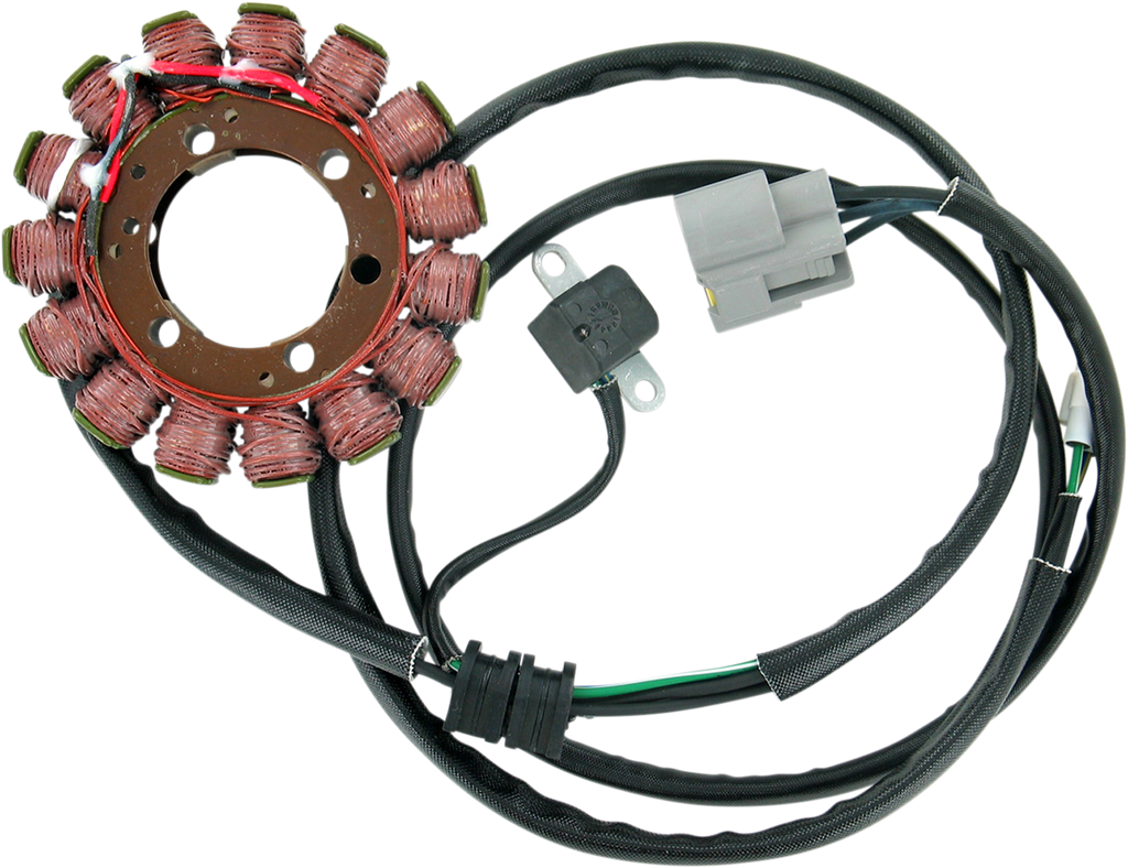 A coiled wire stator with red copper windings arranged in a circular pattern, connected to black cables wrapped in protective sleeving, a grey electrical connector, and a small black sensor attached to a metal mounting tab.