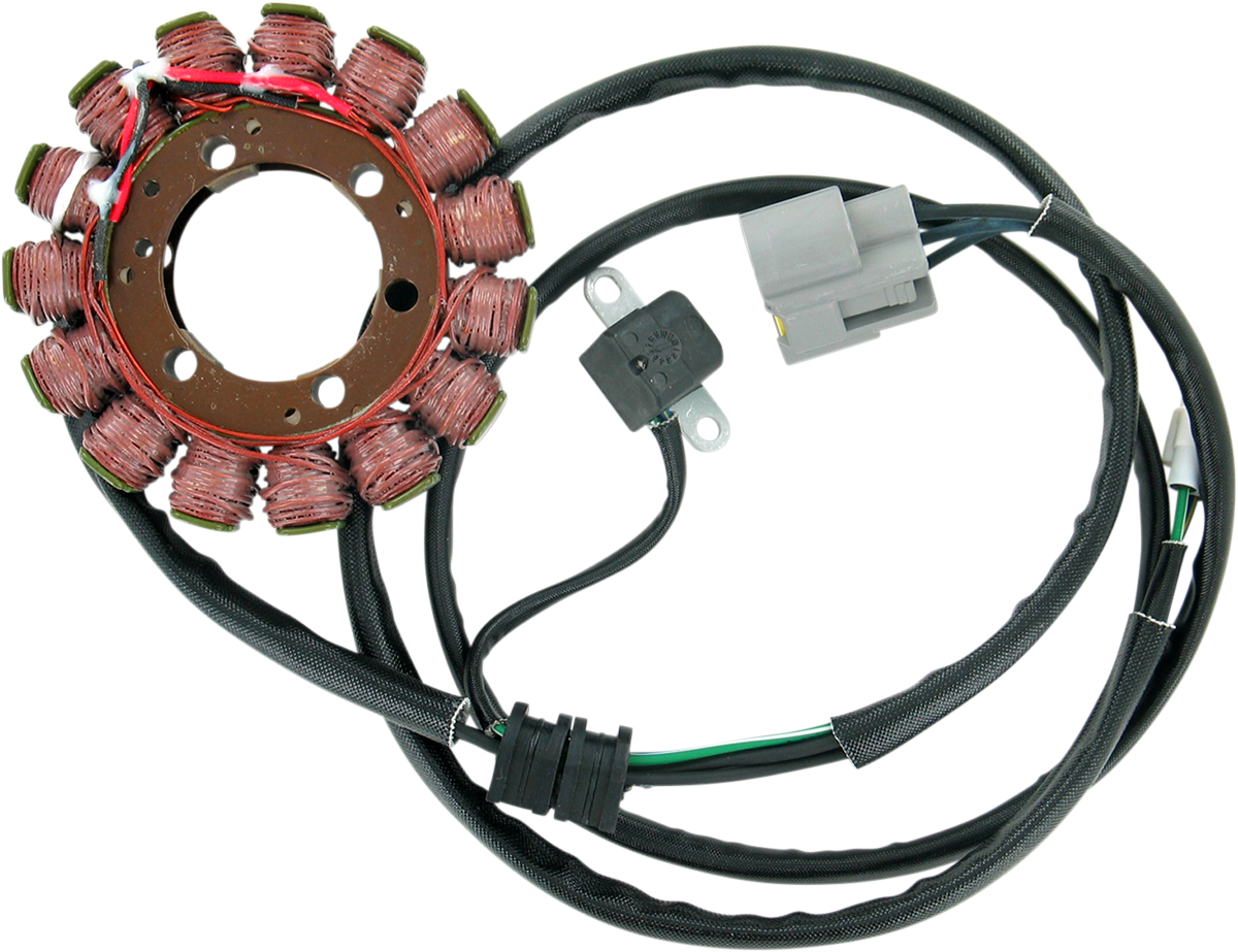 A coiled wire stator with red copper windings arranged in a circular pattern, connected to black cables wrapped in protective sleeving, a grey electrical connector, and a small black sensor attached to a metal mounting tab.