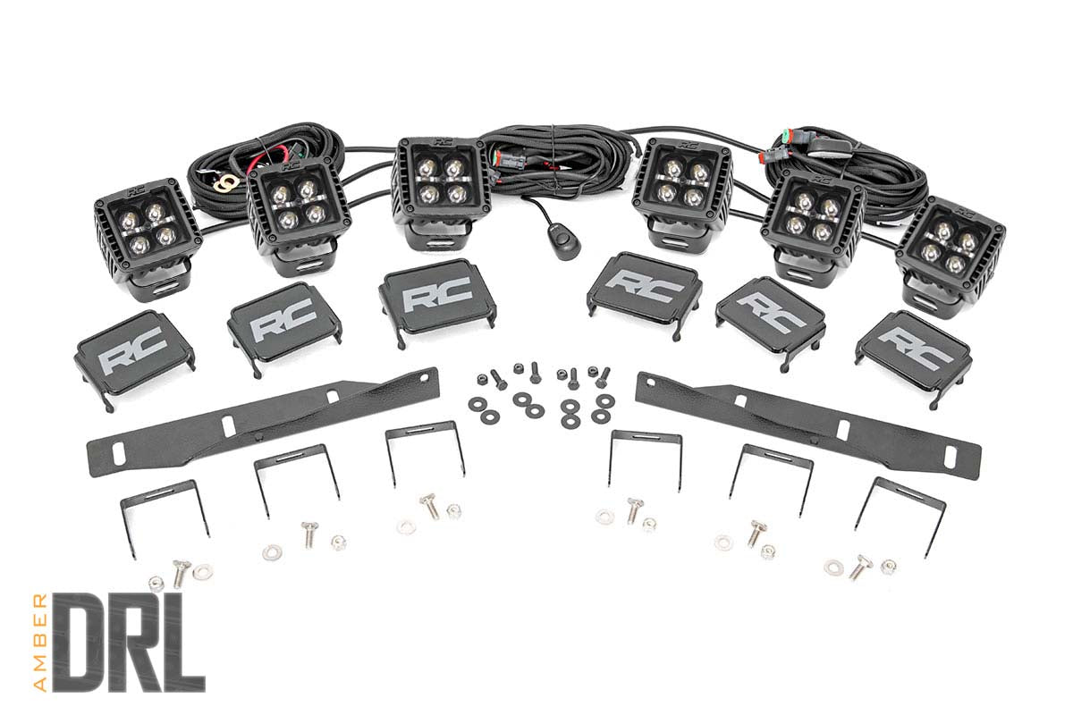 Rough Country LED Light | Fog Mount | Triple 2" Black Pair | Amber DRL | Ford Raptor (17-20)