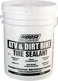 A large white plastic bucket labeled Moose Utility Division ATV & Dirt Bike Tire Sealant. The text highlights features like sealing punctures, reducing flats, water-washable, and high-performance tire sealant for preventative maintenance.