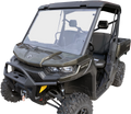 A dark green, four-wheeled utility vehicle with rugged tires, a protective front bumper, a clear windshield, side mirrors, two front seats, and an open cargo bed at the back, viewed from a front-side angle against a white background.