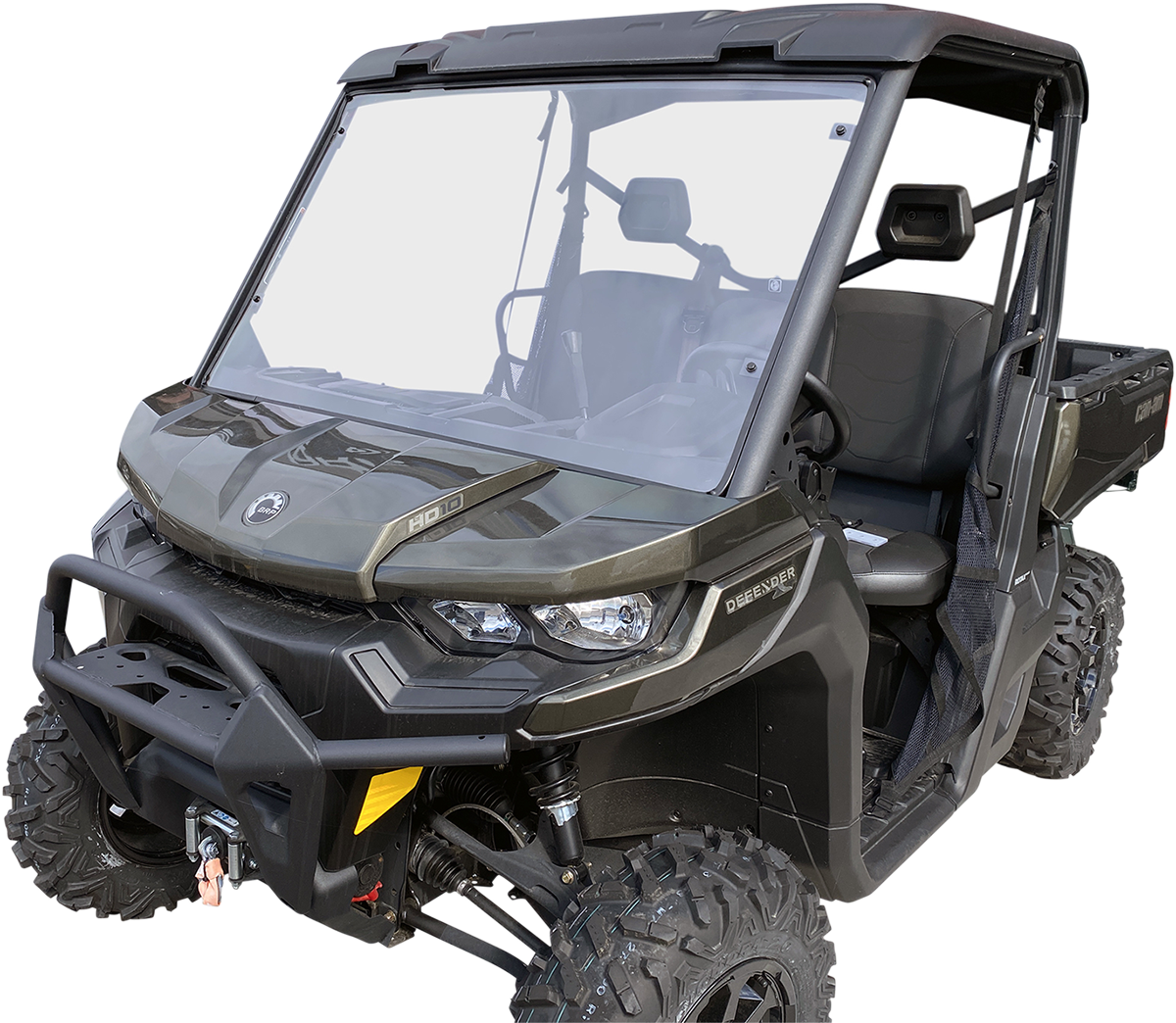 A dark green, four-wheeled utility vehicle with rugged tires, a protective front bumper, a clear windshield, side mirrors, two front seats, and an open cargo bed at the back, viewed from a front-side angle against a white background.