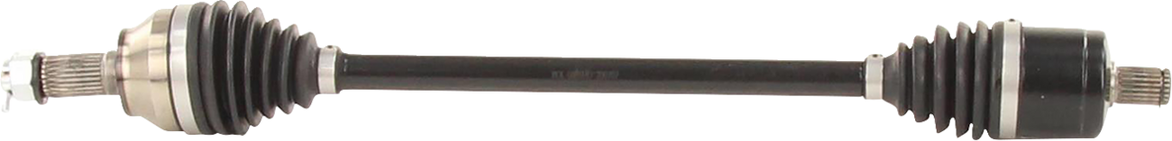 A car axle shaft with black rubber boots and metal joints at each end. The shaft is cylindrical, connecting the two ends, with grooved metal tips extending from both sides for fitting into a vehicle’s drivetrain assembly. The background is plain white.