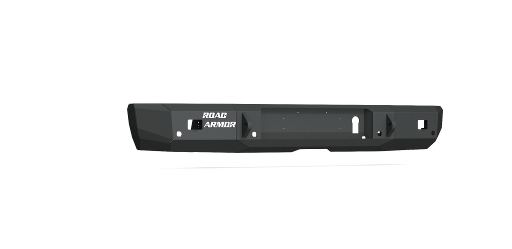 A texture black 2016-2019 Nissan Titan Stealth Rear Non-Winch Bumper with angular corners, built-in step, cutouts for lights, and bold ROAD ARMOR branding in white on the left; shown front-facing against a white background.