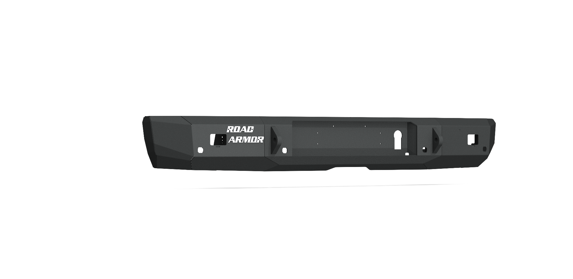 A texture black 2016-2019 Nissan Titan Stealth Rear Non-Winch Bumper with angular corners, built-in step, cutouts for lights, and bold ROAD ARMOR branding in white on the left; shown front-facing against a white background.