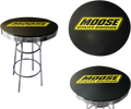 A round black bar table with a chrome base and three circular footrests. The tabletop displays a yellow and black MOOSE UTILITY DIVISION logo. Two close-up views of the tabletop, showing the logo clearly, appear on the right.