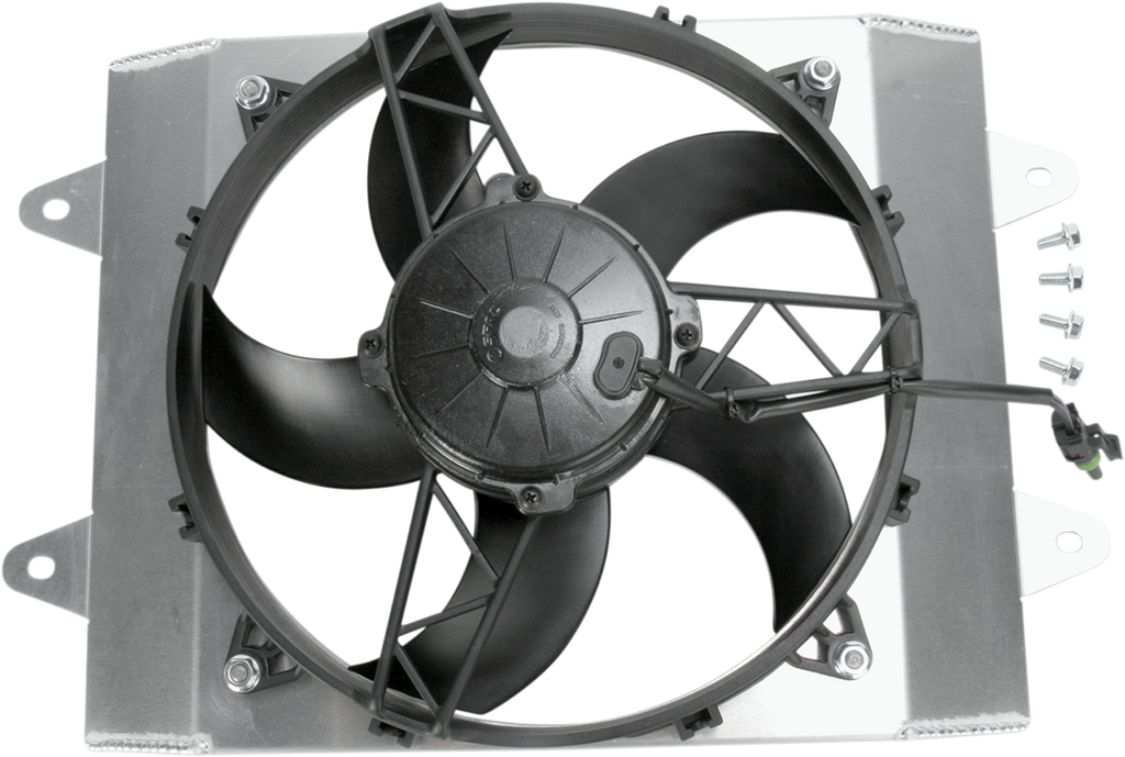 A black electric cooling fan with three blades is mounted on a silver rectangular metal shroud. A wiring connector is attached to the fan. Four screws and two bolts are placed beside the fan on the right. The background is plain white.