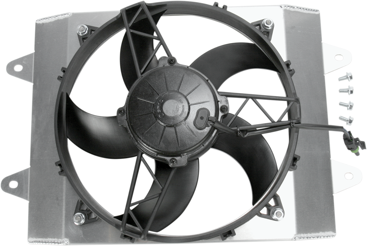 A black electric cooling fan with three blades is mounted on a silver rectangular metal shroud. A wiring connector is attached to the fan. Four screws and two bolts are placed beside the fan on the right. The background is plain white.