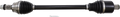 A black automotive axle shaft with metal ends and rubber boots on both sides; a small metallic pin lies below the shaft, centered in the image, on a white background.