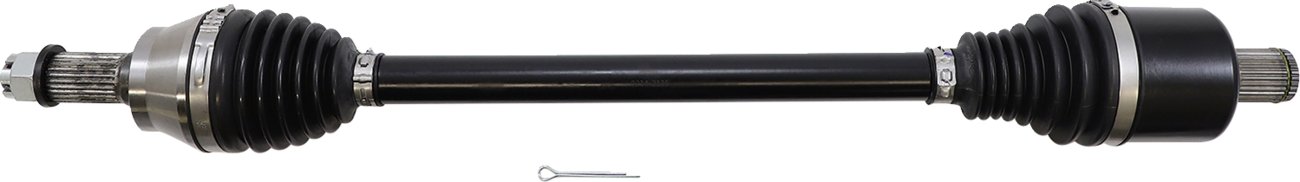 A black automotive axle shaft with metal ends and rubber boots on both sides; a small metallic pin lies below the shaft, centered in the image, on a white background.